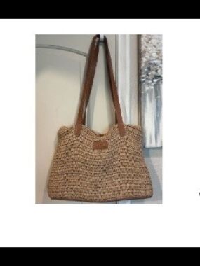 Woven Straw Tote Bag with Brown Leather Straps